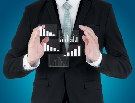 Businessman standing posture hand holding graph finance isolated on over gray background