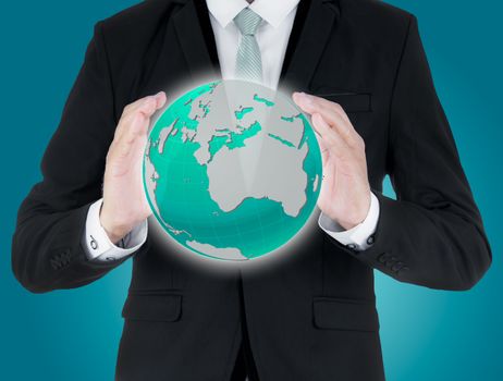 Businessman standing posture hand holding Earth icon isolated on over blue background