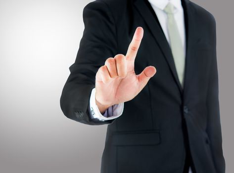 Businessman standing posture show hand isolated on over gray background