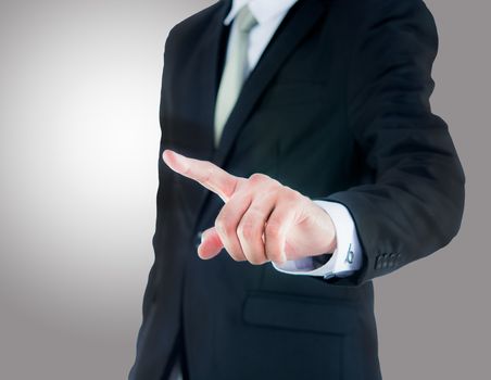 Businessman standing posture show hand isolated on over gray background