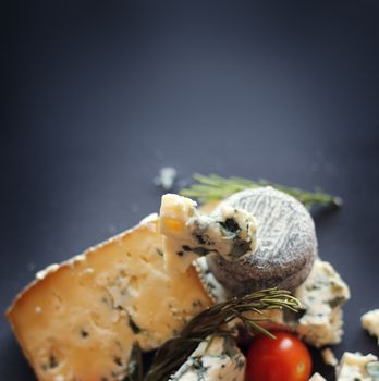 Roquefort cheese composition on dark background