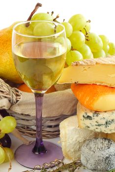 French Cheese, wine and fruits conceptual composition