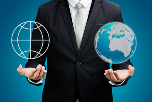 Businessman standing posture hand holding Earth icon isolated on over blue background