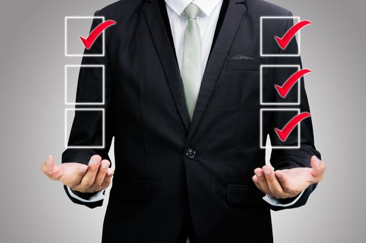 Businessman standing posture hand holding strategy flowchart isolated on over blue background