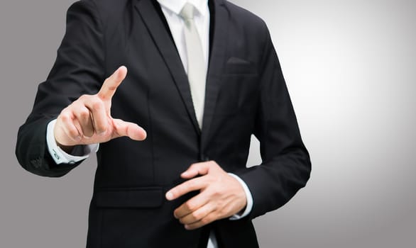 Businessman standing posture show hand isolated on over gray background