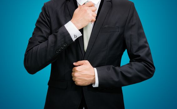 Businessman standing posture show hand isolated on over blue background