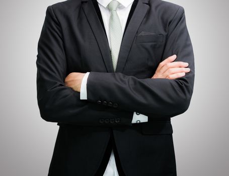 Businessman standing posture show hand isolated on over gray background