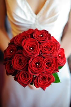 Bride holding her bouquet of stunning red roses.