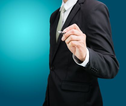 Businessman standing posture hand hold a pen isolated on over blue background