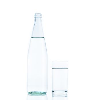 Bottle and Glass water clear isolate on over white background