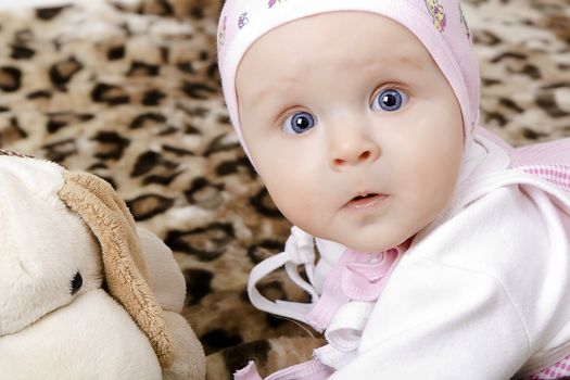 Blue-eyed surprised baby in a cap with a soft toy