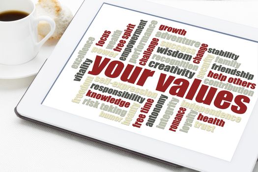 your life values word cloud on a digital tablet with a cup of coffee