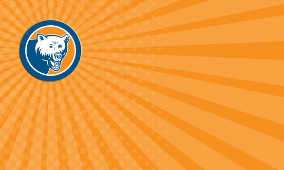 Business card showing illustration of a bear head angry set inside circle on isolated background done in retro style. 