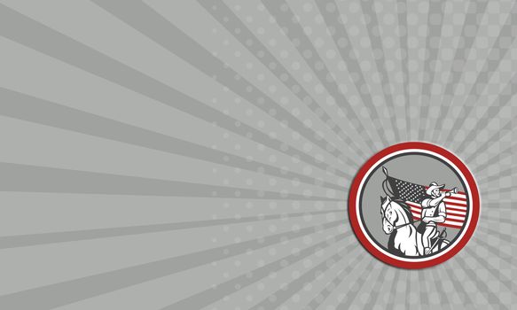 Business card showing illustration of an American cavalry soldier riding horse on blowing a bugle set inside circle with USA stars and stripes flag in background done in retro style.