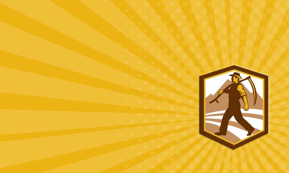 Business card showing illustration of a farmer farm worker holding scythe walking facing side set inside shield crest on isolated background done in retro style.