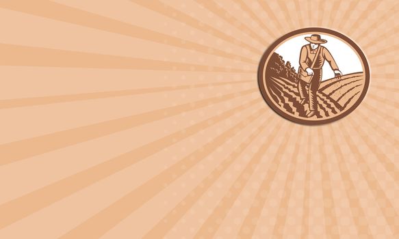 Business card showing illustration of organic farmer with satchel bag sowing seeds in farm field set inside oval shape done in retro woodcut style.