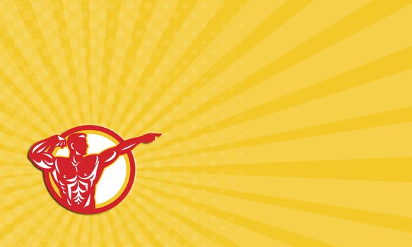 Business card showing illustration of a bodybuilder flexing muscles viewed from side set inside circle  done in retro style.