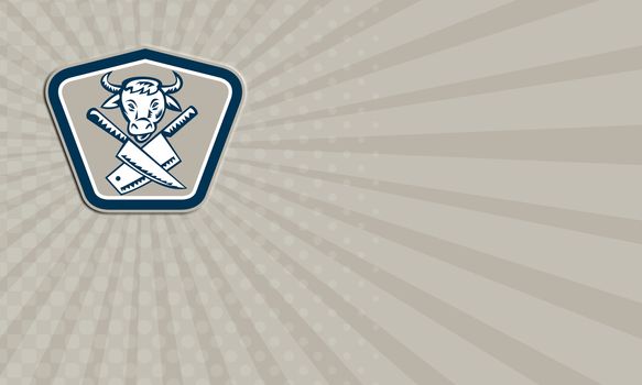Business card showing Retro woodcut style illustration of a crossed butcher meat cleaver knife with cow head facing front set inside shield on isolated background.