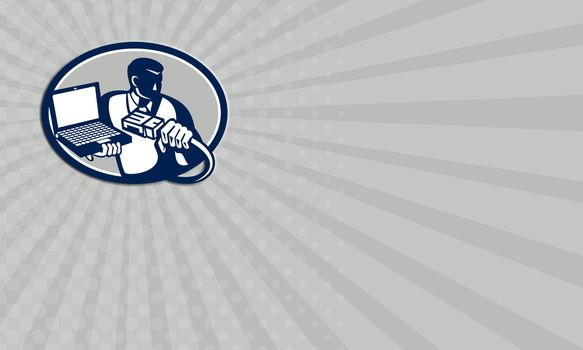 Business card showing illustration of computer technician repairman geek holding network cable and laptop notebook computer done in retro style.