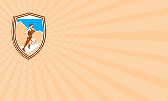 Business card showing illustration of a marathon runner running viewed from the side set inside shield crest done in retro style.
