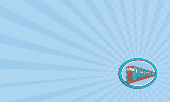 Business card showing illustration of a passenger train viewed from the front set inside circle on isolated background done in retro style. 