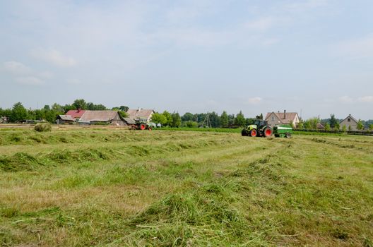 Heavy agricultural machines tractors preparing hay for animal food fodder in field.