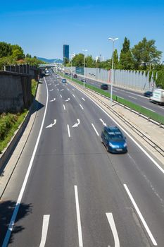 Vienna city highway  with the brand new DC-Tower on background, Austria