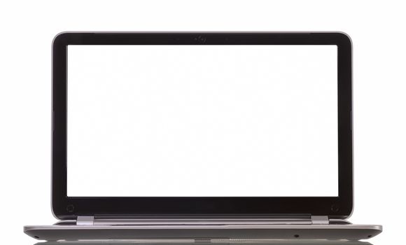 laptop with blank white screen on white background