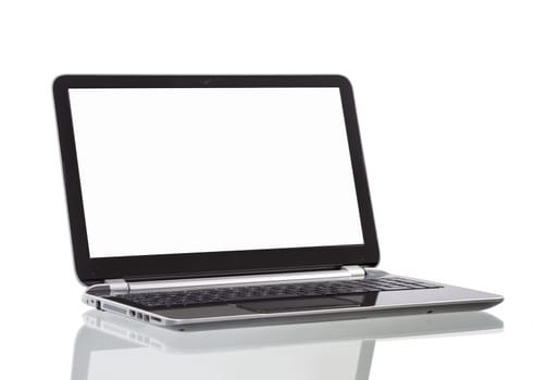 laptop with blank white screen on white background