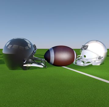 American football and helmets over a green grass field, 3d render