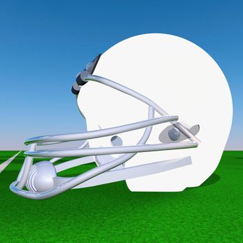 White football helmet over green football field, 3d render
