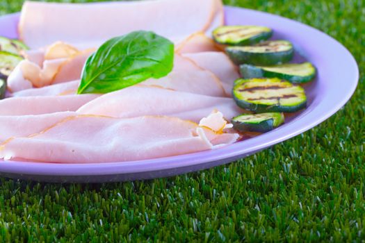 Turkey ham with grilled zucchini in a purple plate, over grass