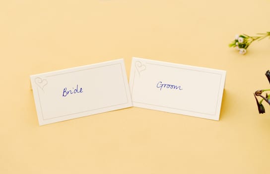 Wedding reception decoration bride and groom place cards