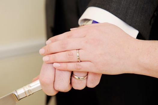 Bride and groom closeup of hands showing rings cutting cake