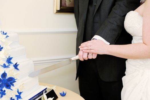 Closeup of bride and groom cutting cake showing hands and wedding rings