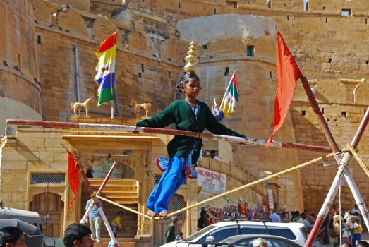 A young lady on a tightrope at an outdoor market in Jaisalmer, India
31 Dec 2008
No model release
Editorial only