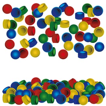 pile of plastic PET bottle caps on white background