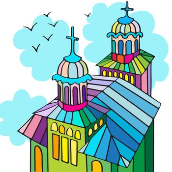 Hand drawn cartoon illustration of an orthodox church under a cloudy sky