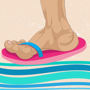 Hand drawn illustration of a foot profile with flip flops over a grungy sand background with abstract waves
