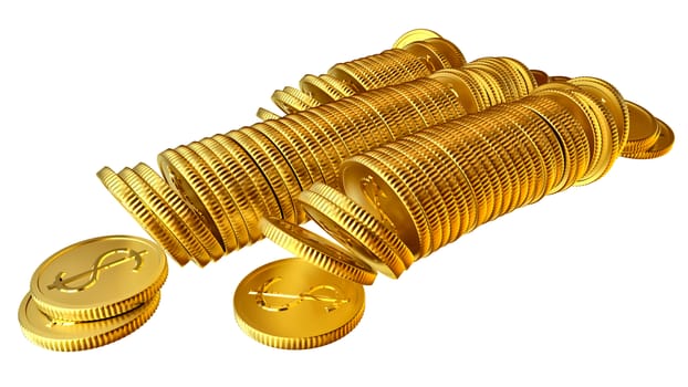 Stacks of golden dollar coins on white background