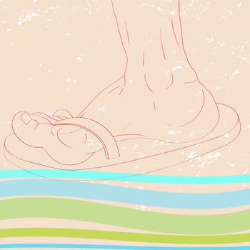 Hand drawn iilustration of a foot profile with flip flops over a grungy sand background