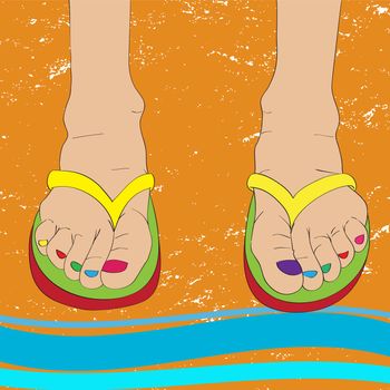 Hand drawn cartoon illustration of two feet with flip flops over a grungy sand background with abstract waves