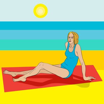 Hand drawn illustration of a woman in bath suit on the beach laying on a carpet over a stylized background with a seaside view