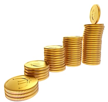 Stacks of golden EURO coins on white background
