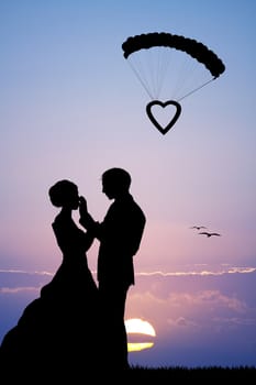 Bride and groom at sunset