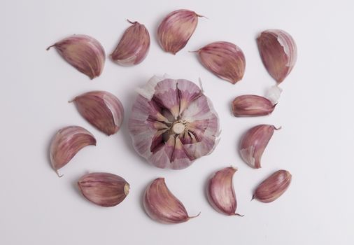 A garlic bulb and individual cloves isolated on white background