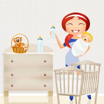 illustration of mom with baby in the bedroom