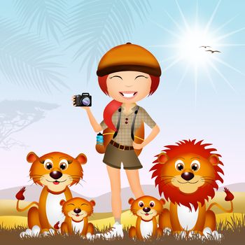 illustration of girl photographing lions