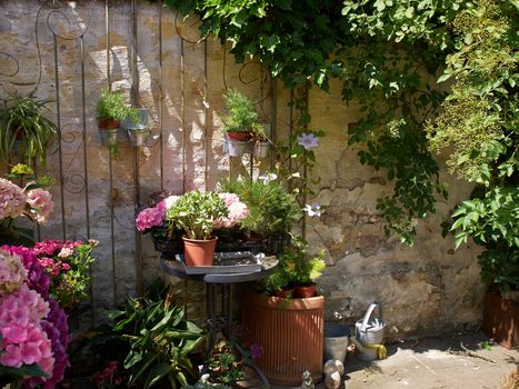 Typical wall planter pots  with flowers and plants hanged on a wall Tuscany Italy style