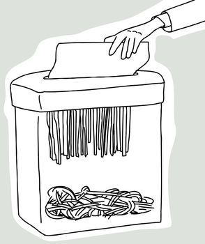 Hand placing document in document shredder on gray background